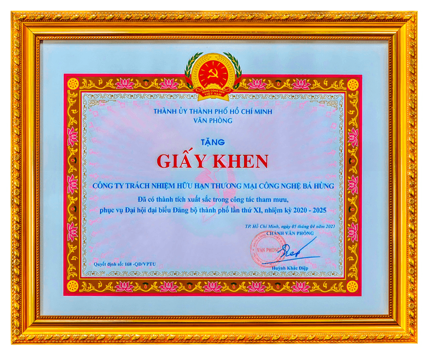 Giấy khen của Văn phòng Thành ủy TP.HCM trao tặng Công ty Bá Hùng