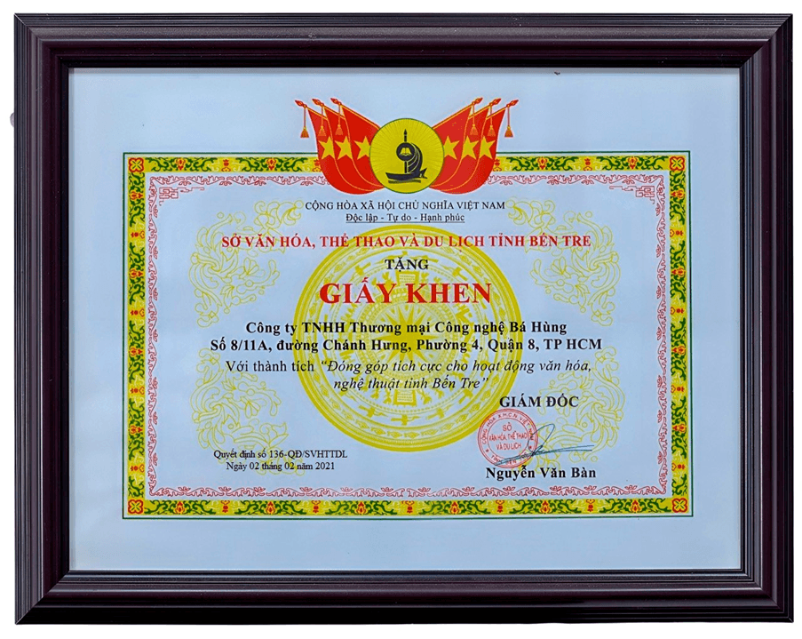 Giấy khen của Sở Văn hóa, Thể thao và Du lịch tỉnh Bến Tre trao tặng Công ty Bá Hùng