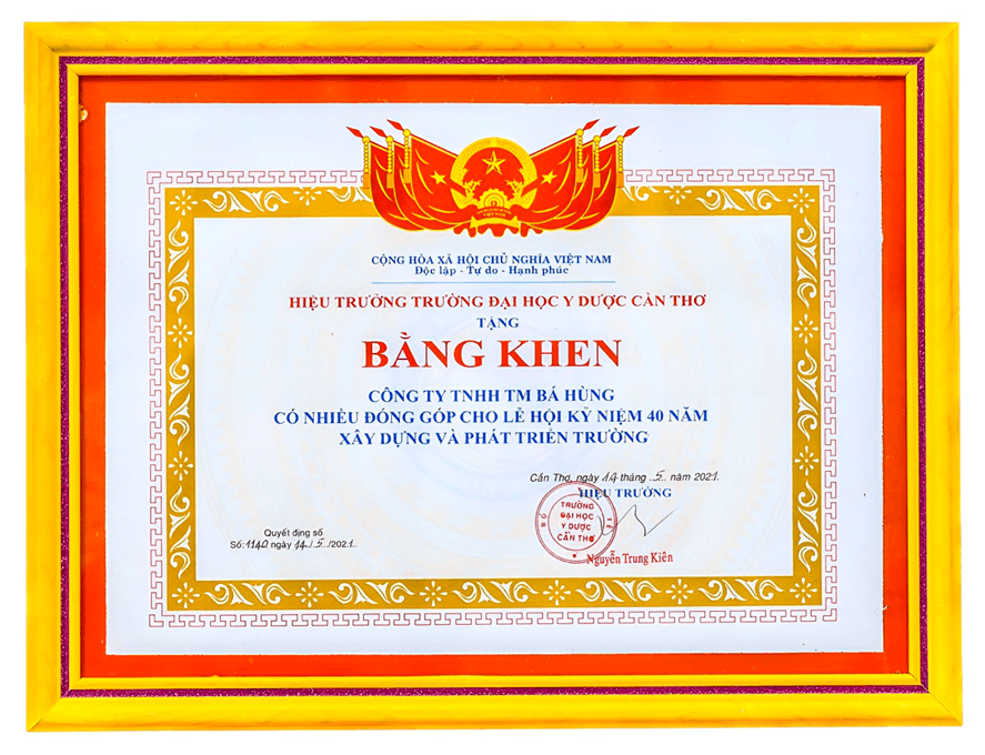 Bằng khen của Hiệu trưởng Trường Đại học Y Dược Cần Thơ trao tặng Công ty Bá Hùng.