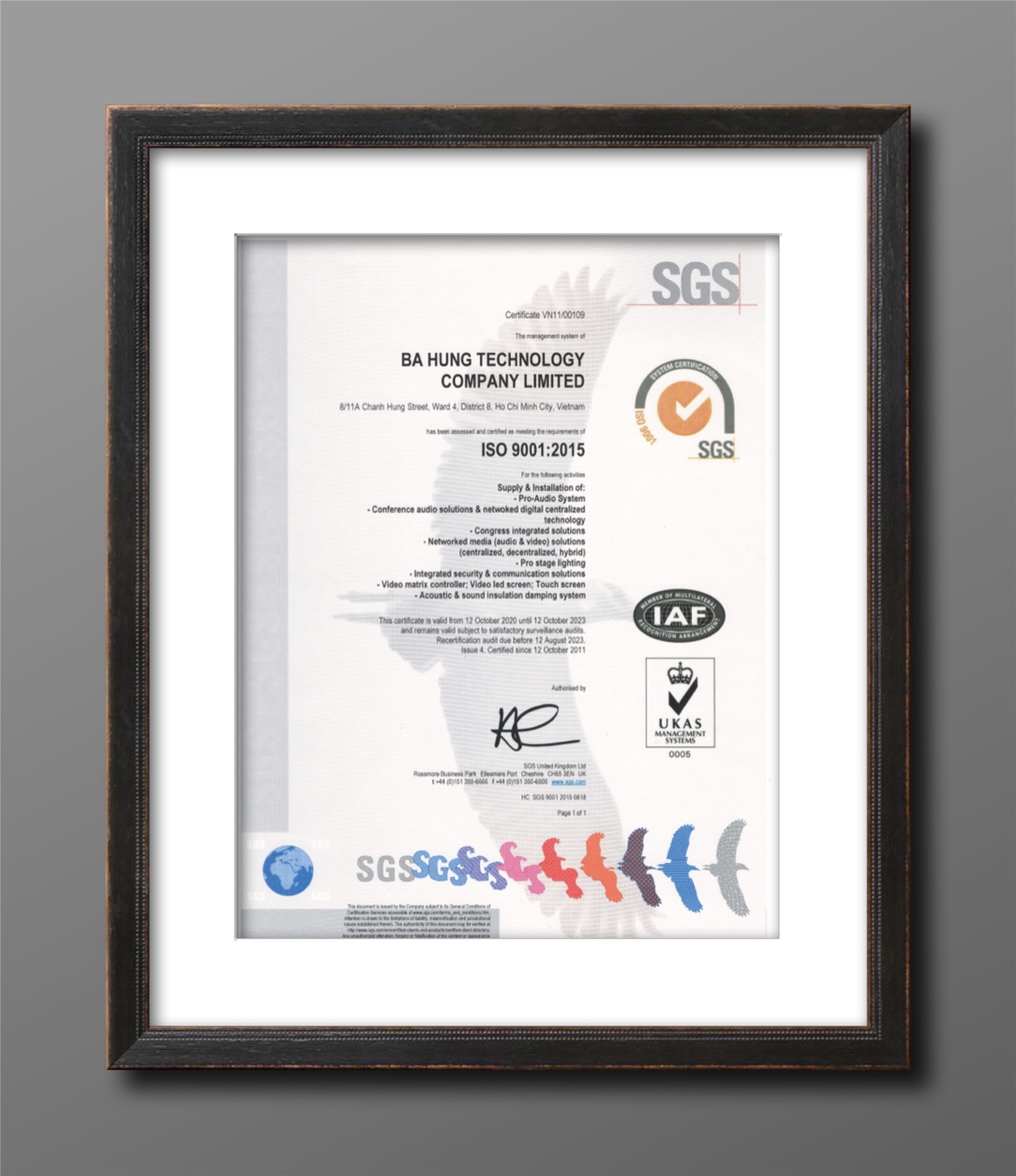 Chứng chỉ ISO 9001:2015 của Bá Hùng Technology do SGS cấp